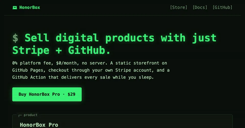 The same storefront in the terminal theme: phosphor green type on black